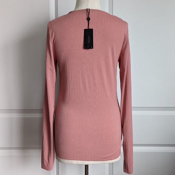rag & bone Zoe Top Deep Vee Long Sleeve Ribbed Crepe Fitted Mauve L NWT - Picture 7 of 14